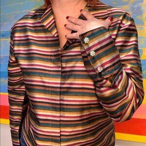 Vintage 90s Shiny Silk Striped Top Fall Colors